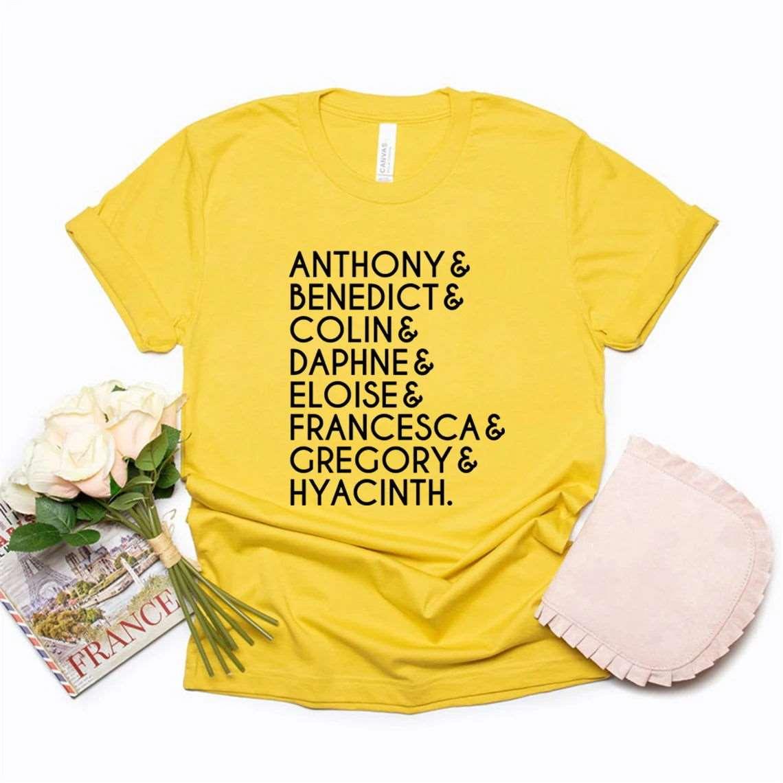 Bridgerton Lady Whistledown Society Character Names Women's Graphic T-Shirt - Lovez Aqua© - Yellow / L