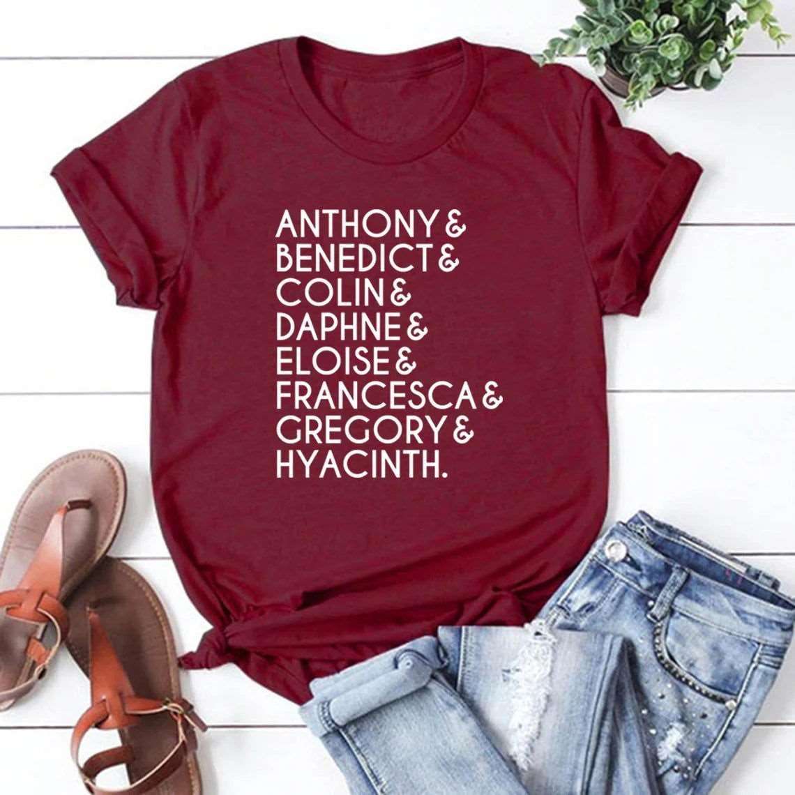 Bridgerton Lady Whistledown Society Character Names Women's Graphic T-Shirt - Lovez Aqua© - Burgundy / L