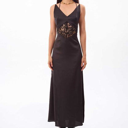 black maxi dress, black lace maxi dress, lace panel dress, bow detail dress, black slip dress, maxi slip dress, women’s evening dress, black evening dress, asymmetric dress, asymmetric bow dress, lace bodice dress, floral lace dress, black party dress, romantic black dress, gothic evening dress, dark romantic dress, lingerie inspired dress, fitted maxi dress, strappy maxi dress, formal black dress, occasion dress, women’s formal dress, statement black dress, elegant black maxi dress, evening maxi dress