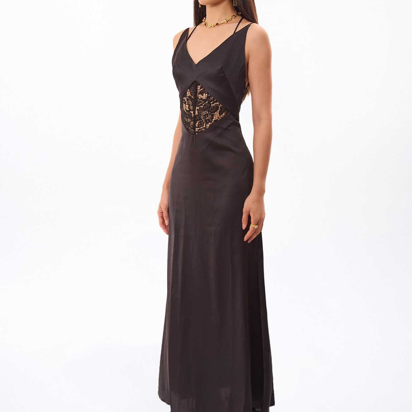 black maxi dress, black lace maxi dress, lace panel dress, bow detail dress, black slip dress, maxi slip dress, women’s evening dress, black evening dress, asymmetric dress, asymmetric bow dress, lace bodice dress, floral lace dress, black party dress, romantic black dress, gothic evening dress, dark romantic dress, lingerie inspired dress, fitted maxi dress, strappy maxi dress, formal black dress, occasion dress, women’s formal dress, statement black dress, elegant black maxi dress, evening maxi dress