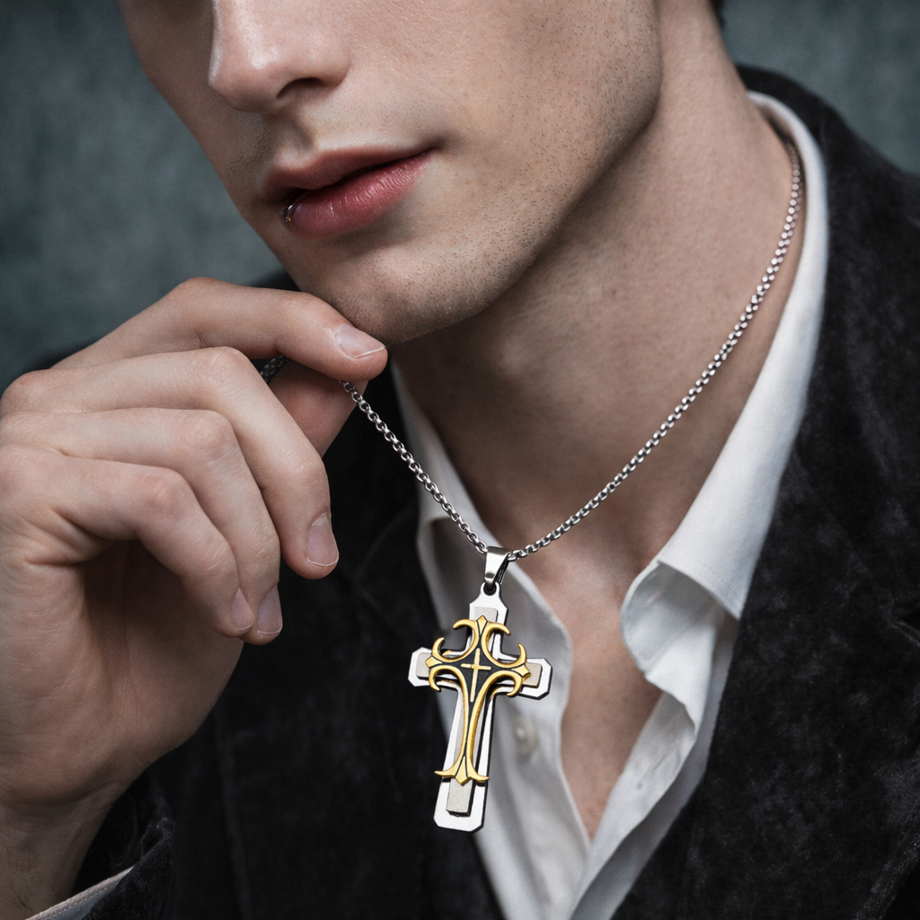 Men's Thick Engraved Religious Triple Layered Cross Pendant Necklace
