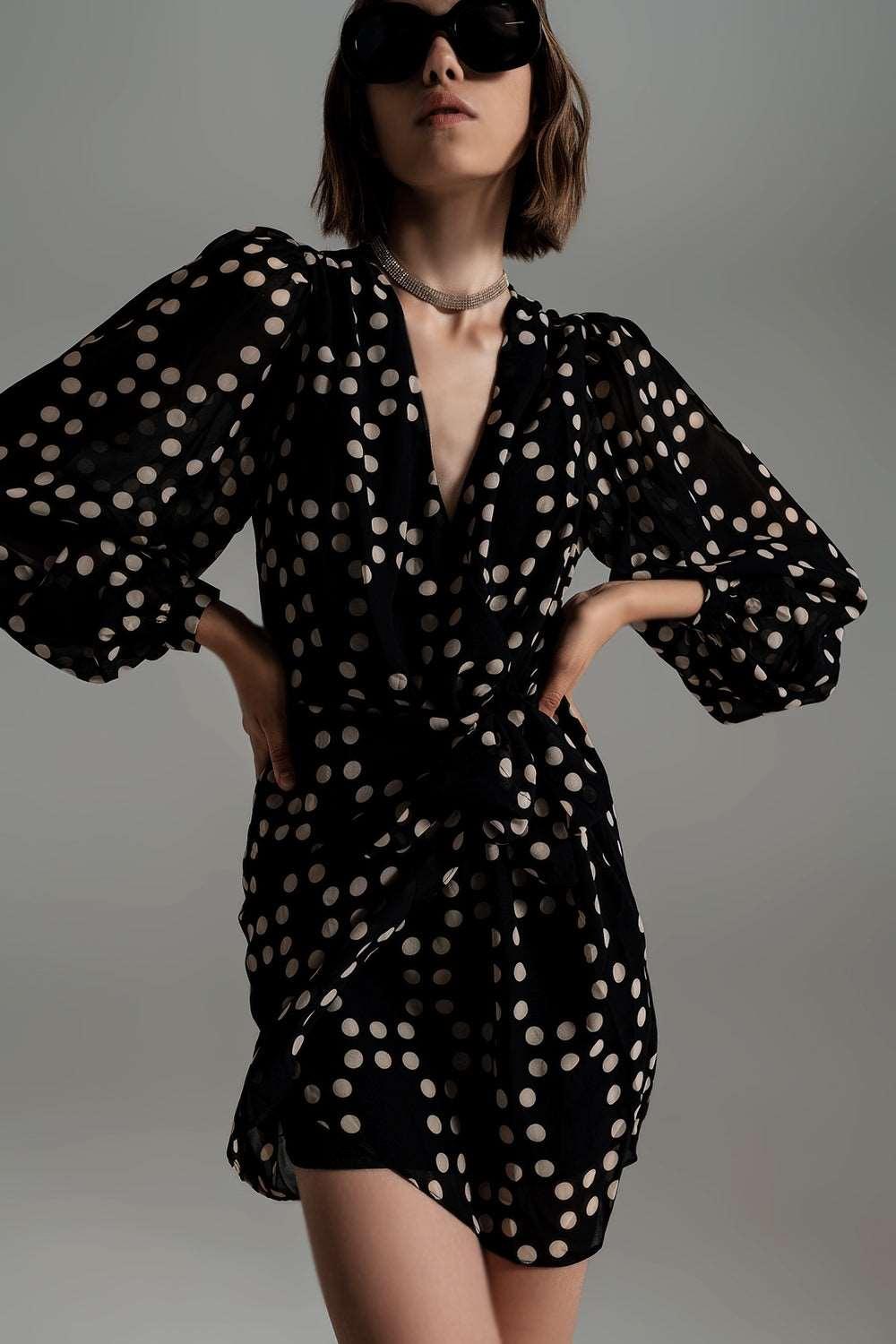 Cream & Black Polka Dot Print Short Dress With Wrapped Skirt & Balloon Sleeves - Lovez Aqua© - 