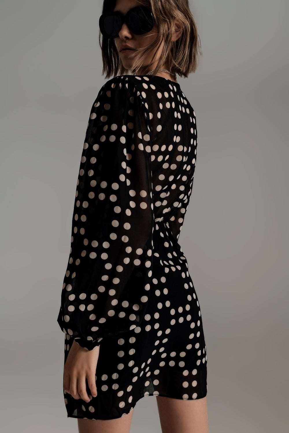 Cream & Black Polka Dot Print Short Dress With Wrapped Skirt & Balloon Sleeves - Lovez Aqua© - 
