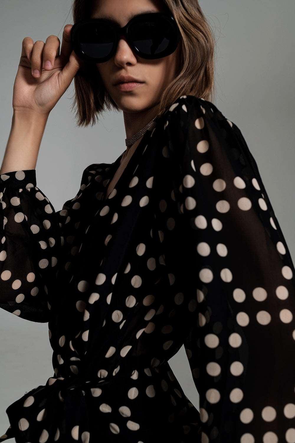 Cream & Black Polka Dot Print Short Dress With Wrapped Skirt & Balloon Sleeves - Lovez Aqua© - 