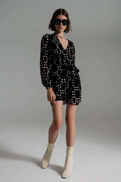 Cream & Black Polka Dot Print Short Dress With Wrapped Skirt & Balloon Sleeves - Lovez Aqua© - 