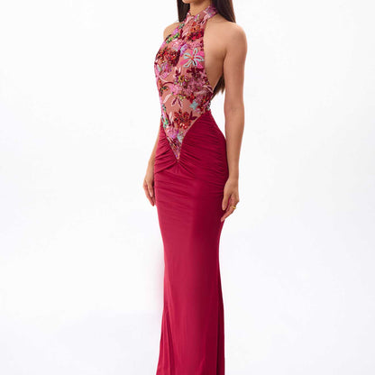 Lala, Once upon a broken heart, Burgundy Maxi Dress, Burgundy Evening Dress, Burgundy Formal Dress, Floral Sequin Dress, Floral Embroidered Dress, Embroidered Maxi Dress, Sequin Maxi Dress, Sequin Evening Dress, Halter Maxi Dress, Halter Evening Dress, Open Back Maxi Dress, Open Back Evening Dress, Floral Maxi Dress, Floral Evening Gown, Burgundy Gown, Women’s Evening Gown, Formal Maxi Dress, Formal Evening Gown, Embellished Maxi Dress, Embellished Evening Dress, Mesh Bodice Dress, Sheer Mesh Dress