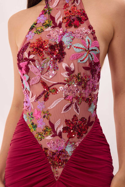 Lala, Once upon a broken heart, Burgundy Maxi Dress, Burgundy Evening Dress, Burgundy Formal Dress, Floral Sequin Dress, Floral Embroidered Dress, Embroidered Maxi Dress, Sequin Maxi Dress, Sequin Evening Dress, Halter Maxi Dress, Halter Evening Dress, Open Back Maxi Dress, Open Back Evening Dress, Floral Maxi Dress, Floral Evening Gown, Burgundy Gown, Women’s Evening Gown, Formal Maxi Dress, Formal Evening Gown, Embellished Maxi Dress, Embellished Evening Dress, Mesh Bodice Dress, Sheer Mesh Dress