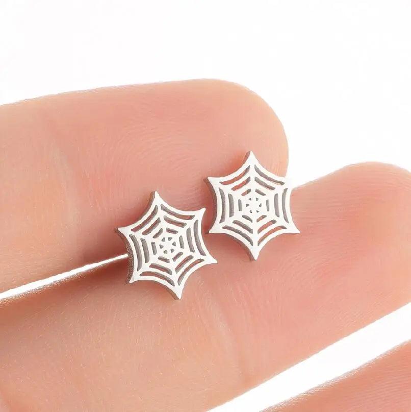 Disney Marvel Spider Man Stainless Steel Spider & Web Women's Stud Earrings - Disney - Silver Spiderweb