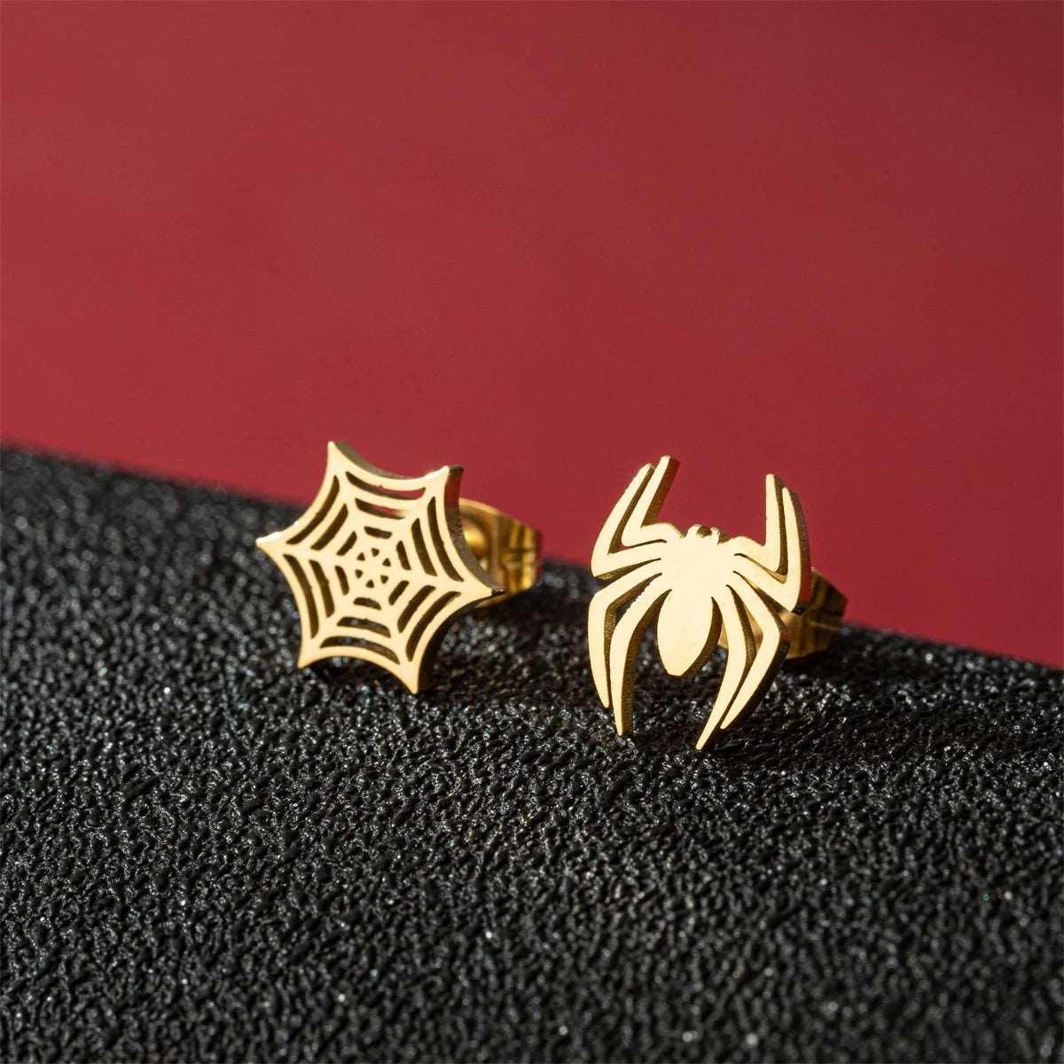 Disney Marvel Spider Man Stainless Steel Spider & Web Women's Stud Earrings - Disney - Gold Spider & Web