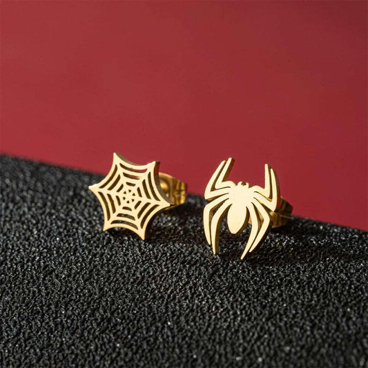 Disney Marvel Spider Man Stainless Steel Spider & Web Women's Stud Earrings - Disney - Gold Spider & Web