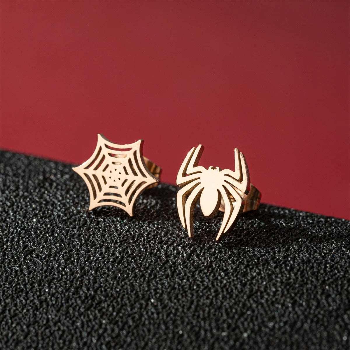 Disney Marvel Spider Man Stainless Steel Spider & Web Women's Stud Earrings - Disney - Rose Gold Spider & Web