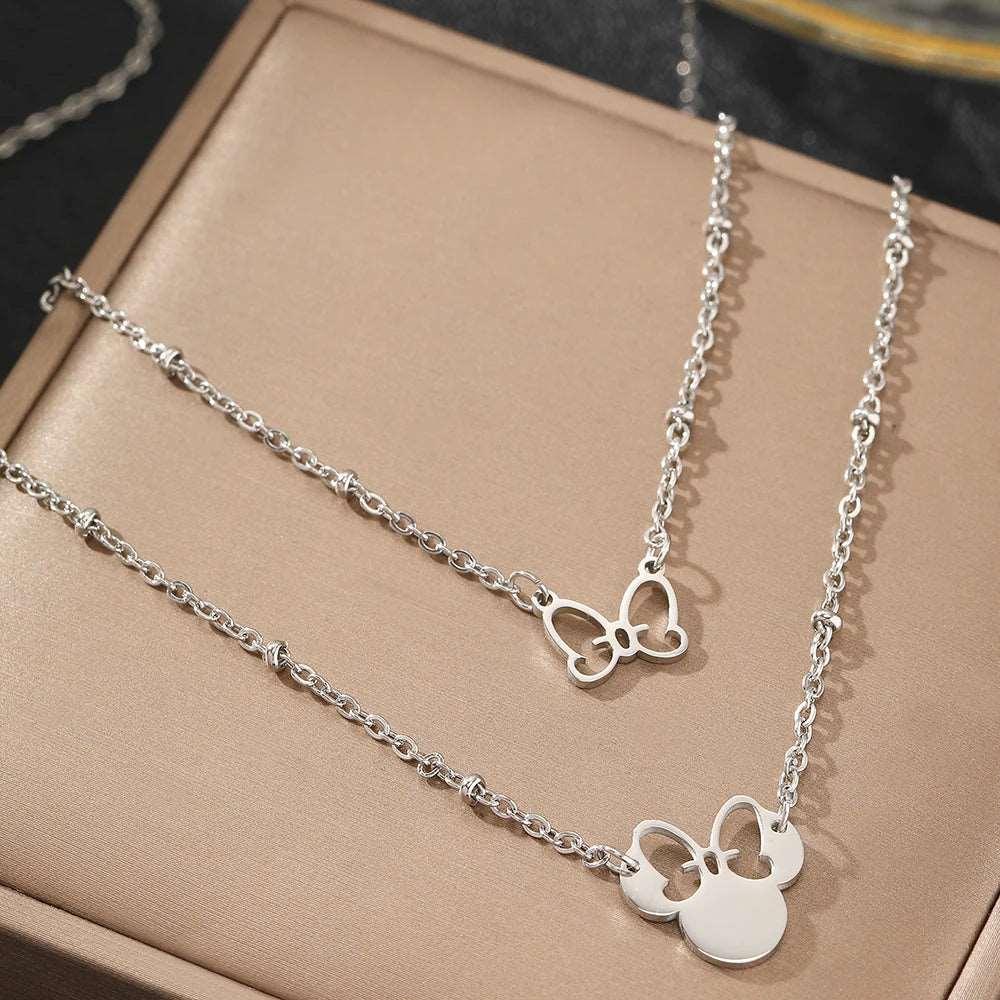 Disney's Minnie Mouse Head & Cute Bow Double Layered Stainless Steel Necklace - Disney - 