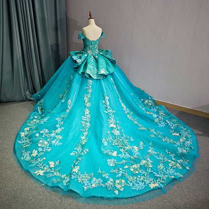 Turquoise Blue Off-Shoulder Floral Ball Gown with Sweetheart Neckline & Embroidered Train