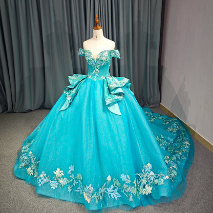 Turquoise Blue Off-Shoulder Floral Ball Gown with Sweetheart Neckline & Embroidered Train