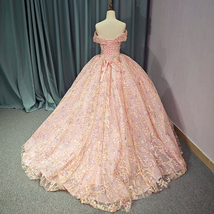 Pink Floral Embroidered Off-Shoulder Fairytale Princess Wedding Ball Gown