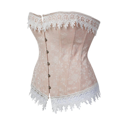 Victorian Light Pink Jacquard Overbust Boned Bustier Corset with White Lace
