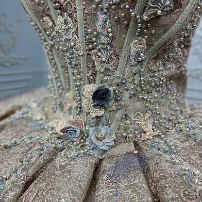 Vintage Renaissance Gold Floral Off-Shoulder Ball Gown with Lace, Floral & Beaded Details