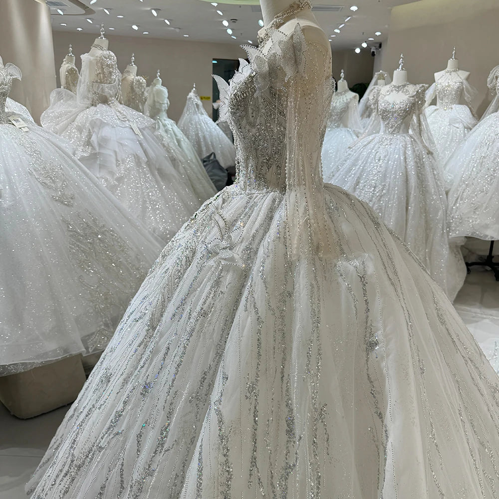 Luxury Ivory Long Sleeve Wedding Gown with High Neck, Butterfly & Crystal Embroidery