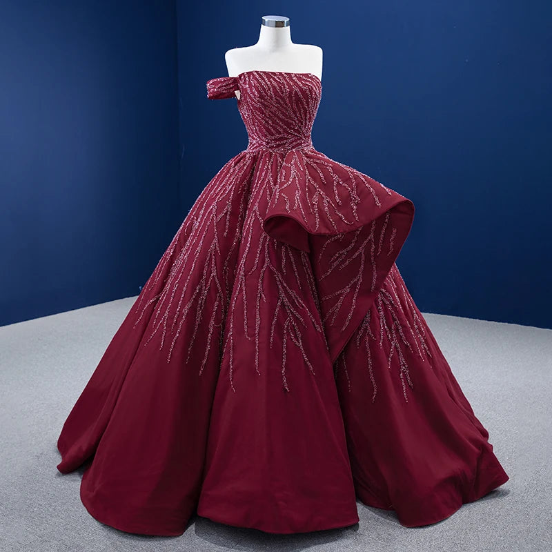 Off-Shoulder Burgundy Evening Ball Gown with Beaded Branch Embellishments