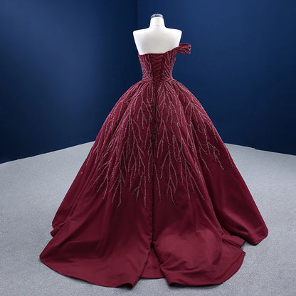 Off-Shoulder Burgundy Evening Ball Gown with Beaded Branch Embellishments