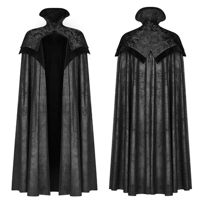 Men's Gothic Black Jacquard Embroidered Victorian Vampire Renaissance Long Cloak with High Collar
