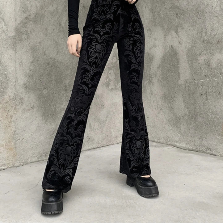 Women's Gothic Black Velvet Floral Embroidered Baroque High Waist Flare Pants