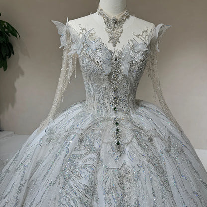 Luxury Ivory Long Sleeve Wedding Gown with High Neck, Butterfly & Crystal Embroidery