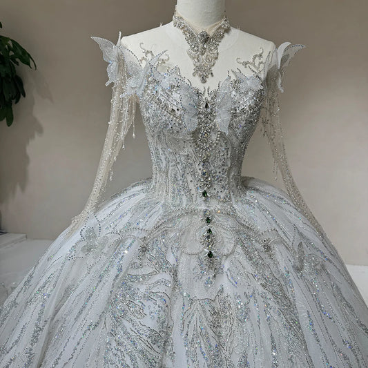 Luxury Ivory Long Sleeve Wedding Gown with High Neck, Butterfly & Crystal Embroidery