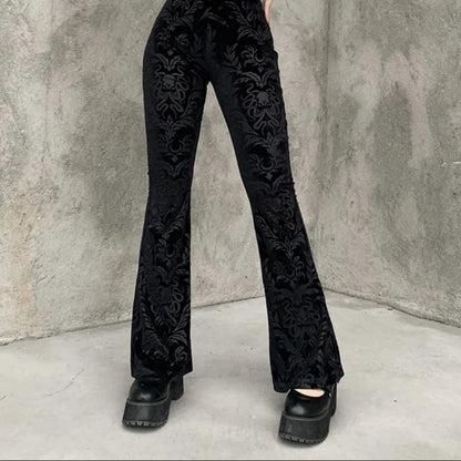 Women's Gothic Black Velvet Floral Embroidered Baroque High Waist Flare Pants