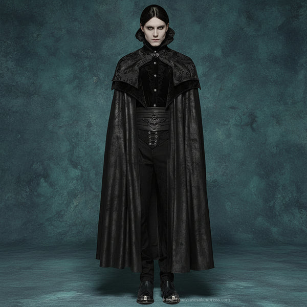 Men's Gothic Black Jacquard Embroidered Victorian Vampire Renaissance Long Cloak with High Collar