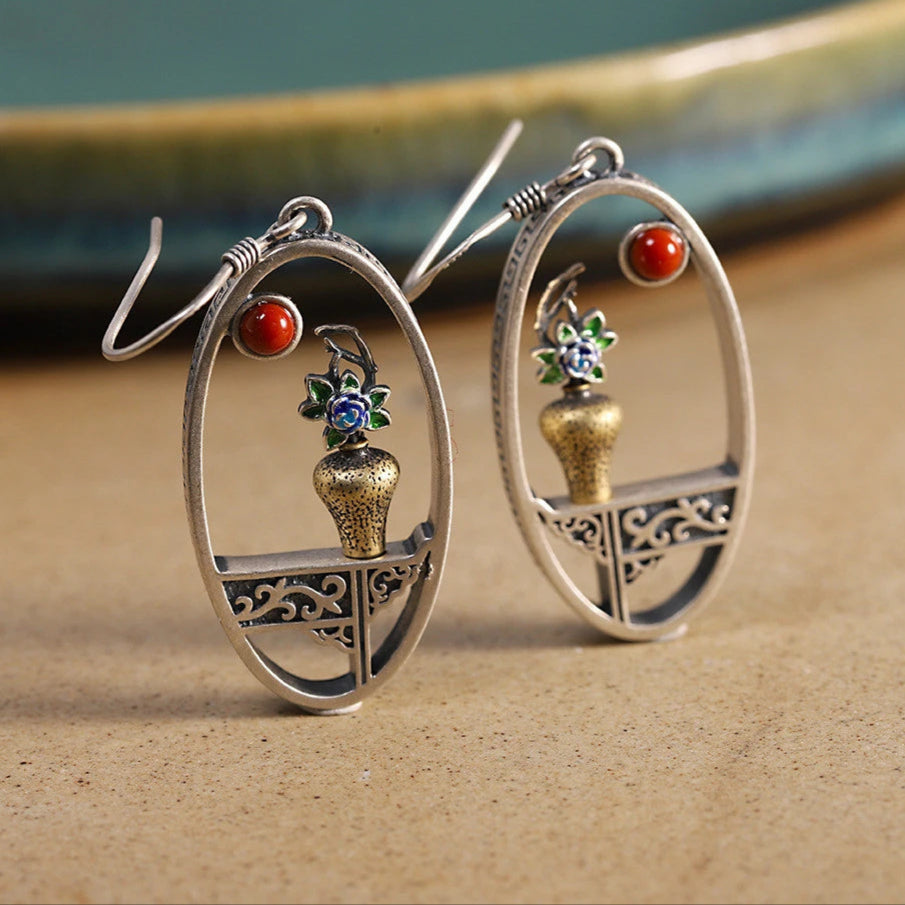 S925 Sterling Silver Handmade Flower Vase Vintage Window Frame Drop Earrings - Lovez Aqua© - 