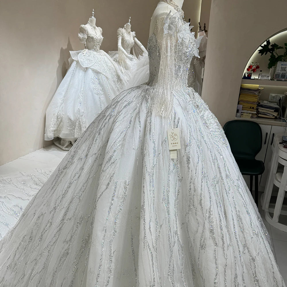 Luxury Ivory Long Sleeve Wedding Gown with High Neck, Butterfly & Crystal Embroidery