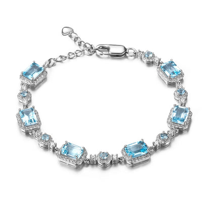 925 Sterling Silver, Natural Agate Stone & Cubic Zirconia Rectangle Cabochons Women's Bracelet
