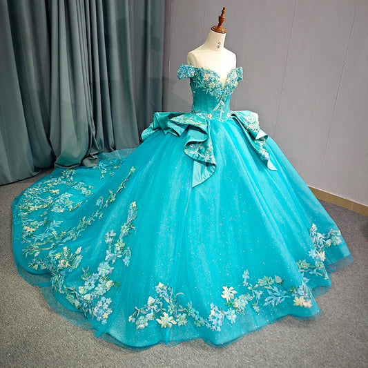Turquoise Blue Off-Shoulder Floral Ball Gown with Sweetheart Neckline & Embroidered Train