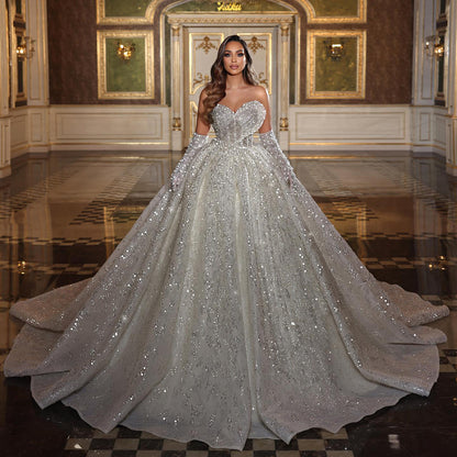 Crystal Embellished Princess Ball Gown Ivory Wedding Dress with Sweetheart Neckline