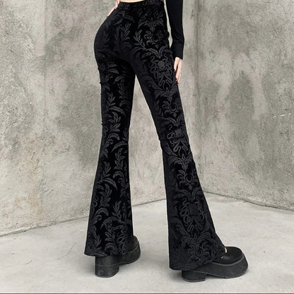 Women's Gothic Black Velvet Floral Embroidered Baroque High Waist Flare Pants