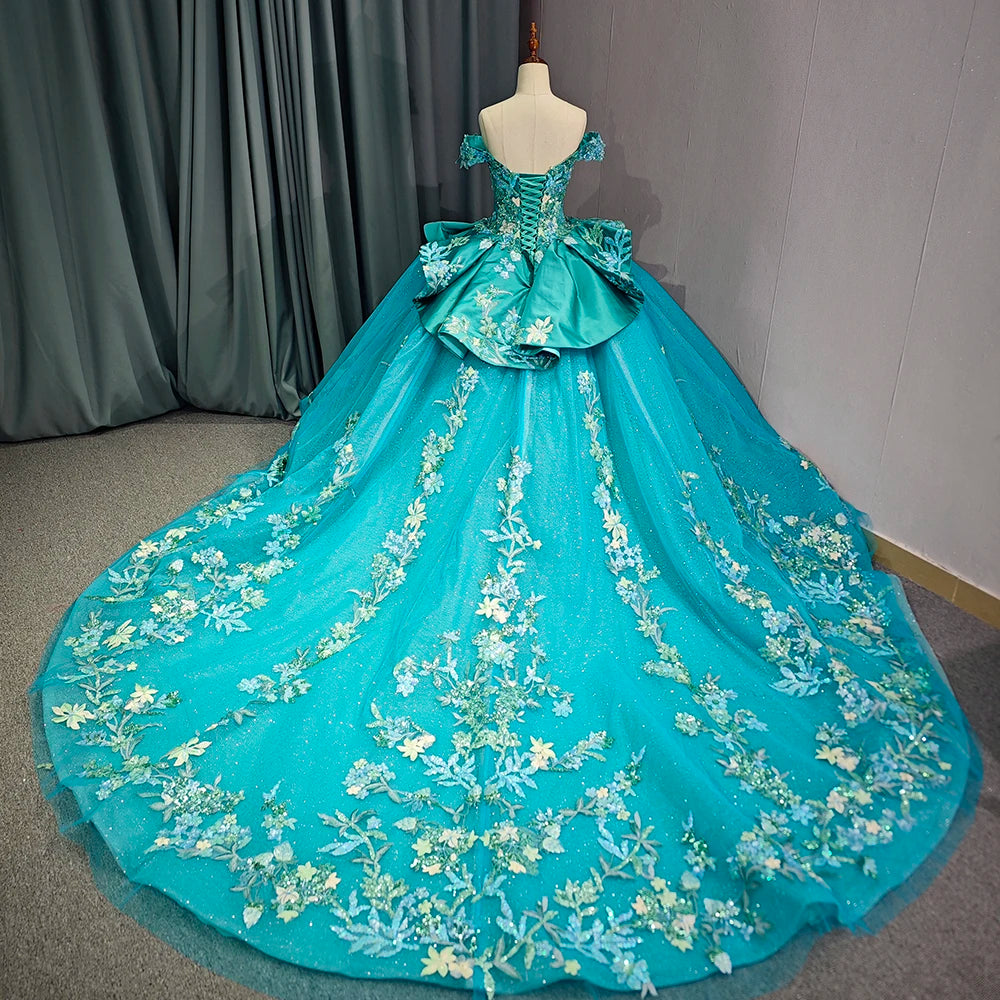 Turquoise Blue Off-Shoulder Floral Ball Gown with Sweetheart Neckline & Embroidered Train