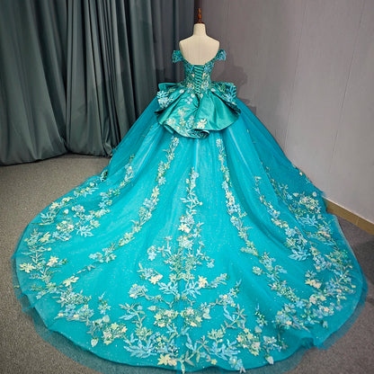 Turquoise Blue Off-Shoulder Floral Ball Gown with Sweetheart Neckline & Embroidered Train