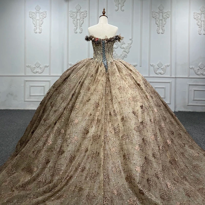Vintage Renaissance Gold Floral Off-Shoulder Ball Gown with Lace, Floral & Beaded Details