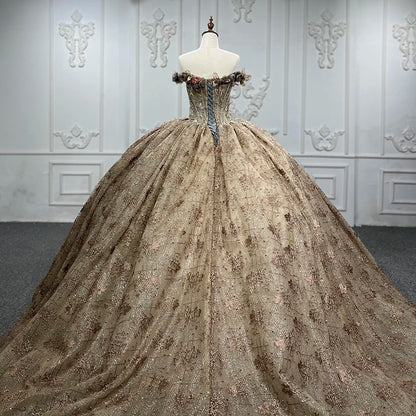 Vintage Renaissance Gold Floral Off-Shoulder Ball Gown with Lace, Floral & Beaded Details