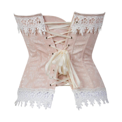 Victorian Light Pink Jacquard Overbust Boned Bustier Corset with White Lace