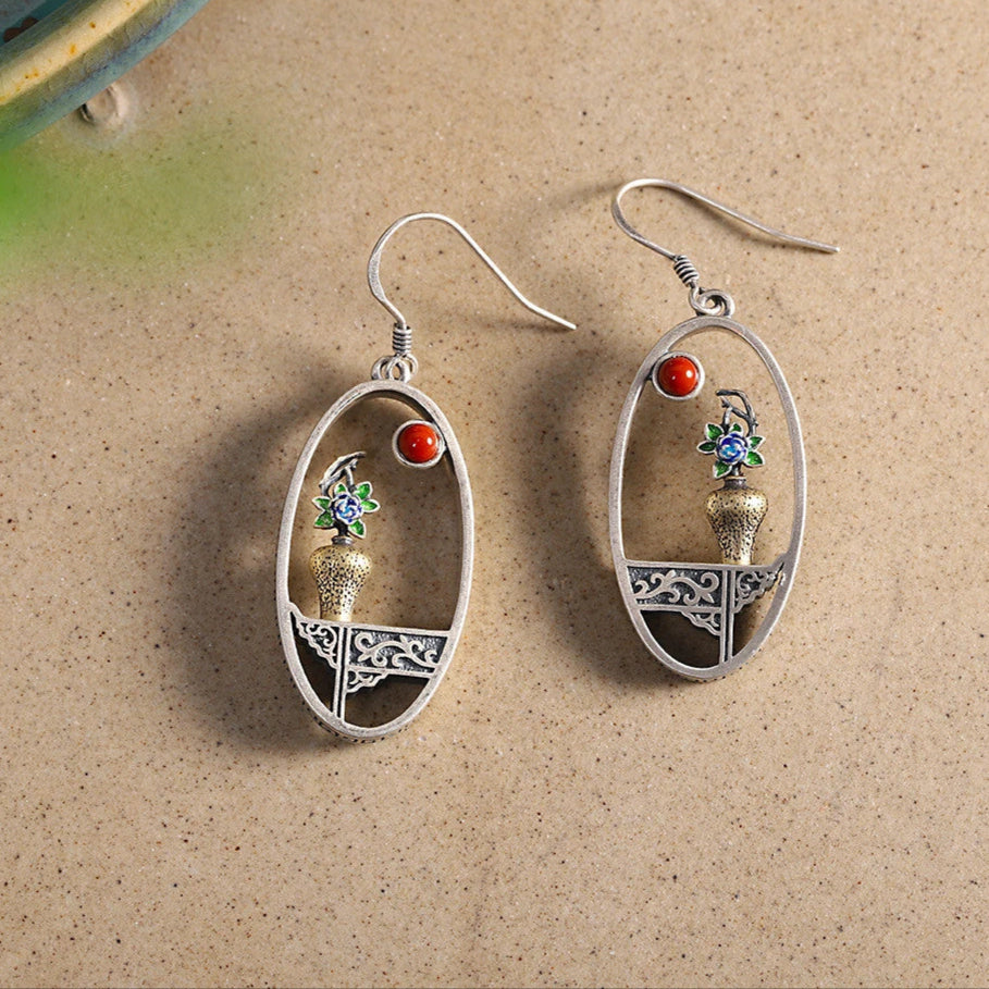 S925 Sterling Silver Handmade Flower Vase Vintage Window Frame Drop Earrings - Lovez Aqua© - 