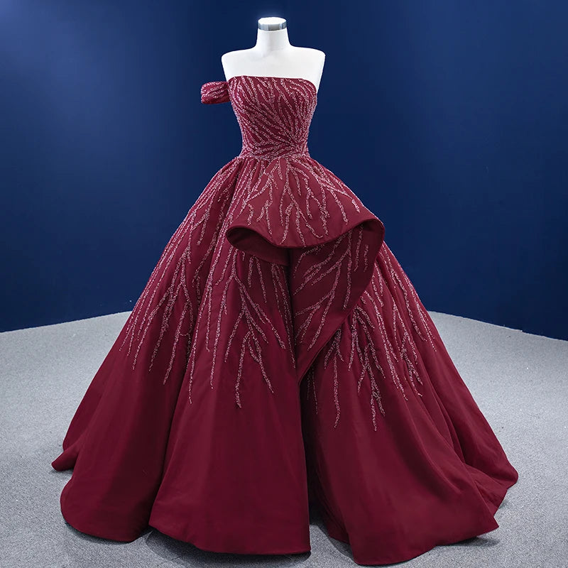 Off-Shoulder Burgundy Evening Ball Gown with Beaded Branch Embellishments