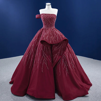 Off-Shoulder Burgundy Evening Ball Gown with Beaded Branch Embellishments