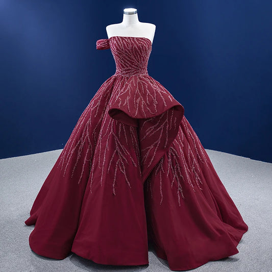 Off-Shoulder Burgundy Evening Ball Gown with Beaded Branch Embellishments