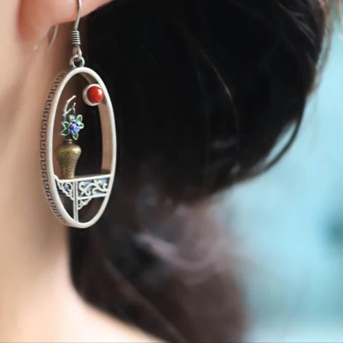 S925 Sterling Silver Handmade Flower Vase Vintage Window Frame Drop Earrings - Lovez Aqua© - 