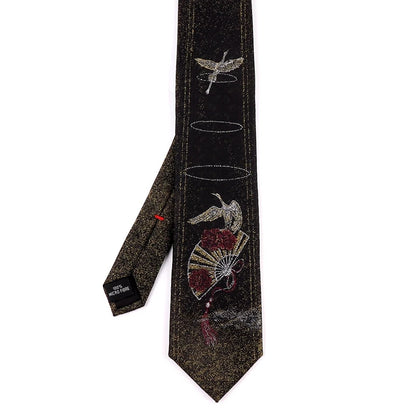 Men's Oriental Crane & Fan Chinese Style Black Jacquard Embroidered Necktie - Lovez Aqua© - 