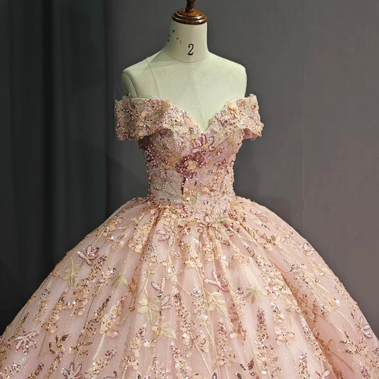 Pink Floral Embroidered Off-Shoulder Fairytale Princess Wedding Ball Gown