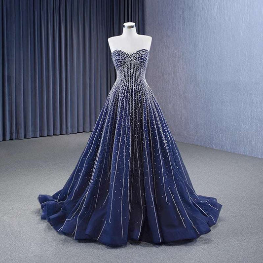Feyre Archeron ACOTAR Dark Blue A-Line Rhinestone Beaded Evening Gown - ACOTAR - 