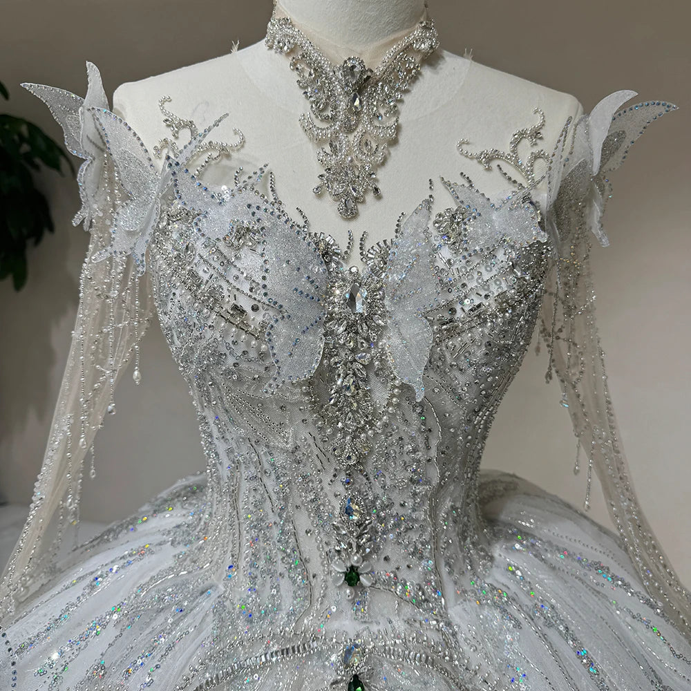 Luxury Ivory Long Sleeve Wedding Gown with High Neck, Butterfly & Crystal Embroidery